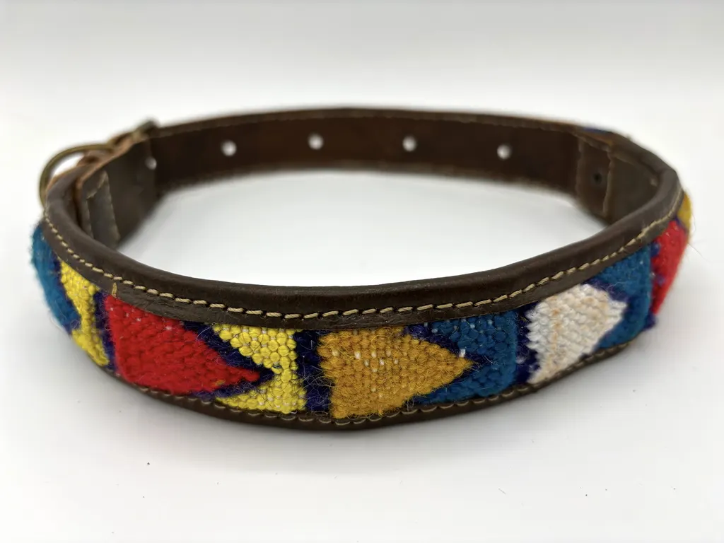 Arabian Nights collar at an angle showing the bold primary-colour weave